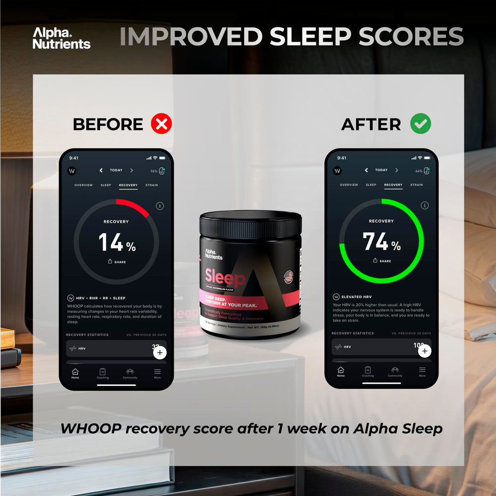 Alpha Nutrients Sleep Aid bottle with NSF-certified third-party testing badge visible.