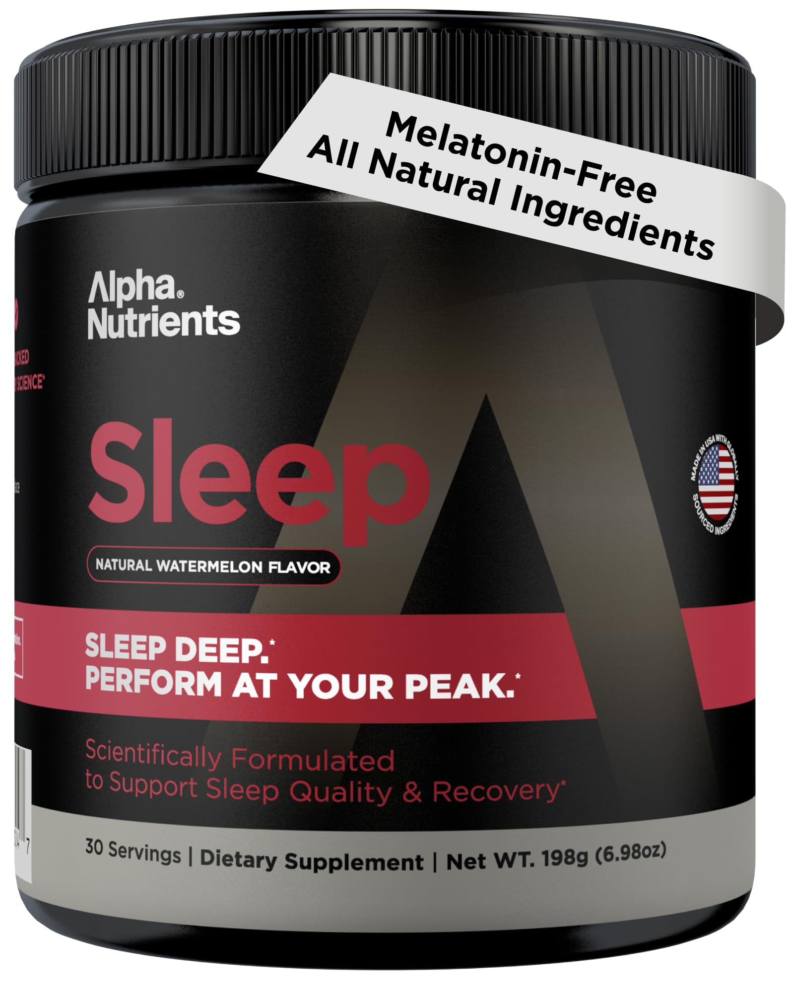 Alpha Nutrients Sleep Aid powder tub on nightstand for restful evenings.