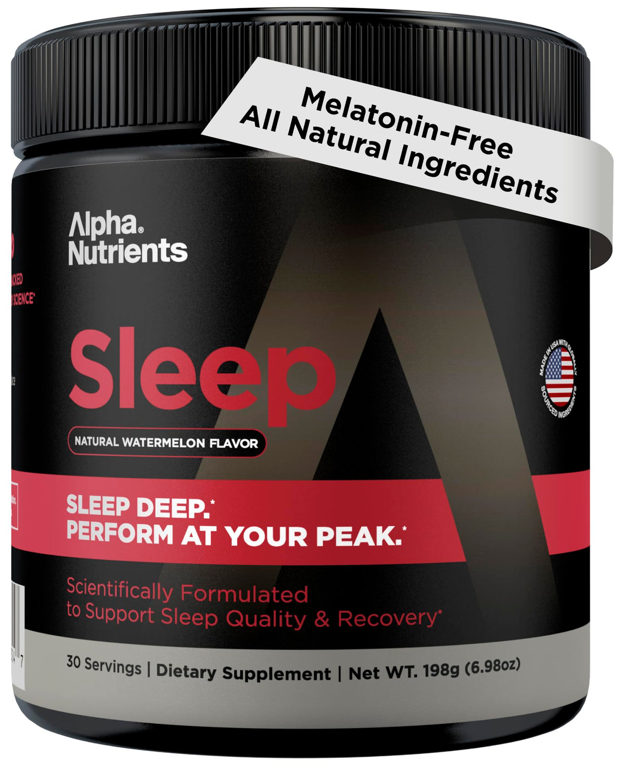 Alpha Nutrients Sleep Aid powder tub on nightstand for restful evenings.