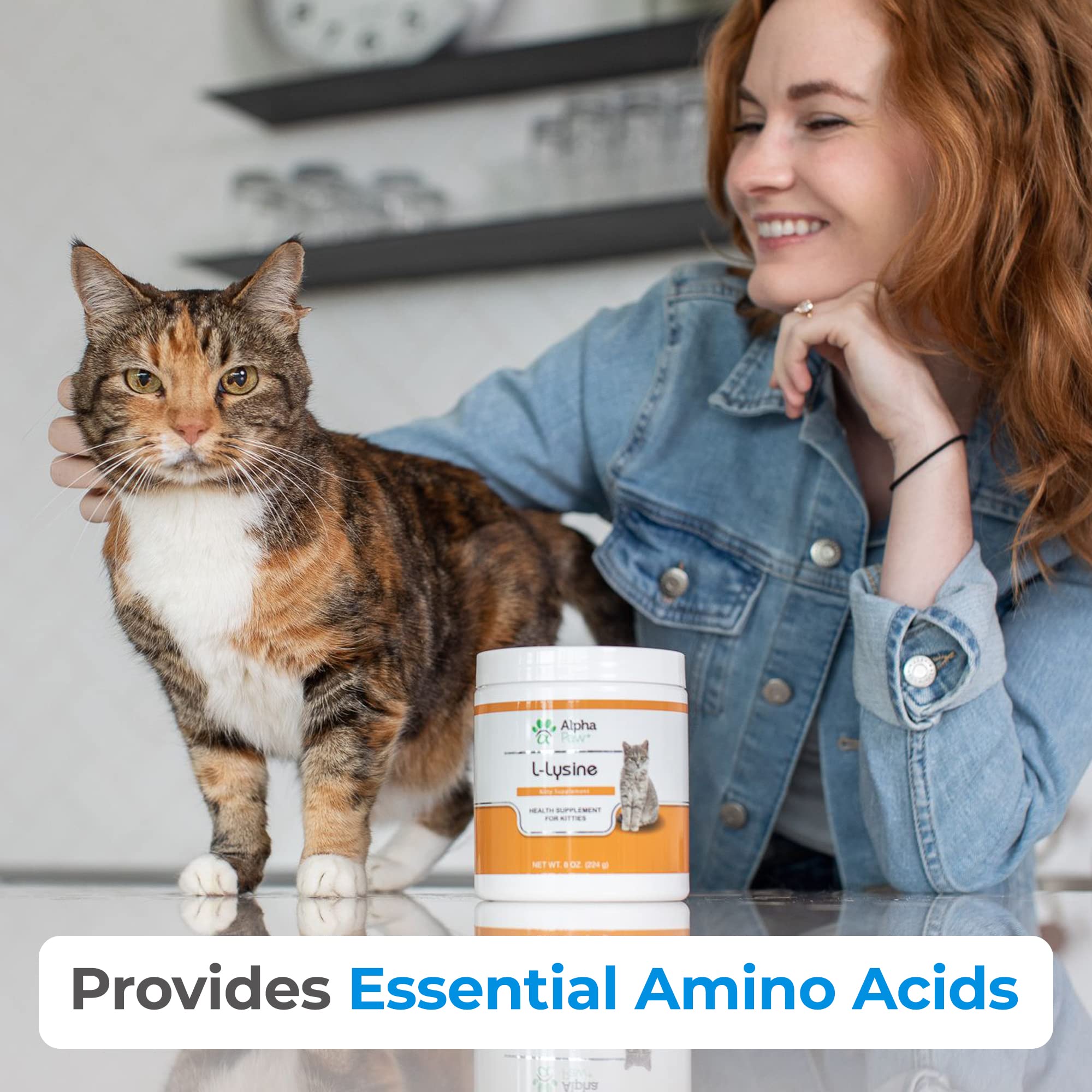 Alpha Paw lysine powder being dispensed onto cat food for easy mixing.
