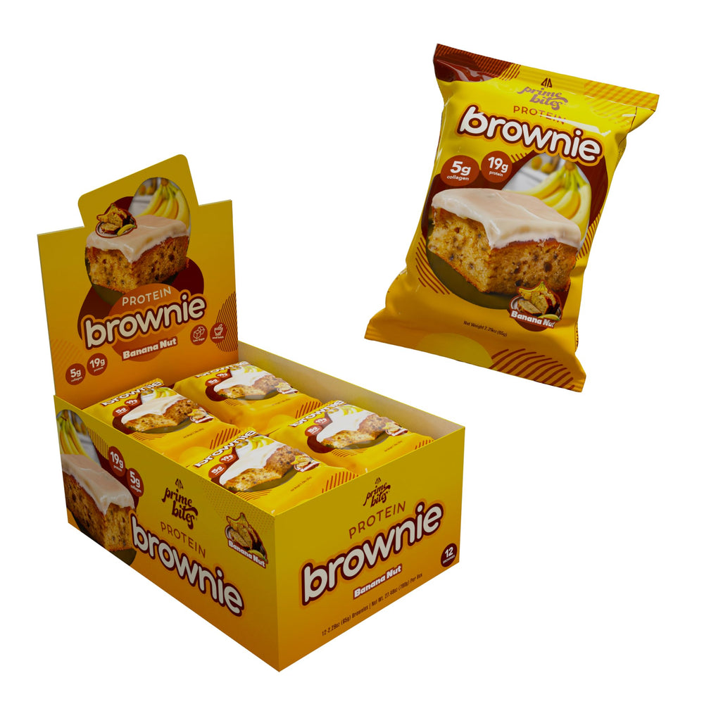 Alpha Prime Bites Banana Nut Brownie package for on-the-go protein snacking.