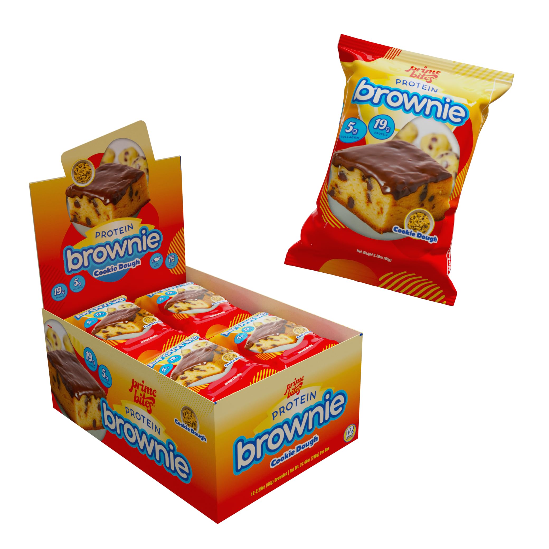 Alpha Prime Bites Brownie box closeup ready for on-the-go snacking.