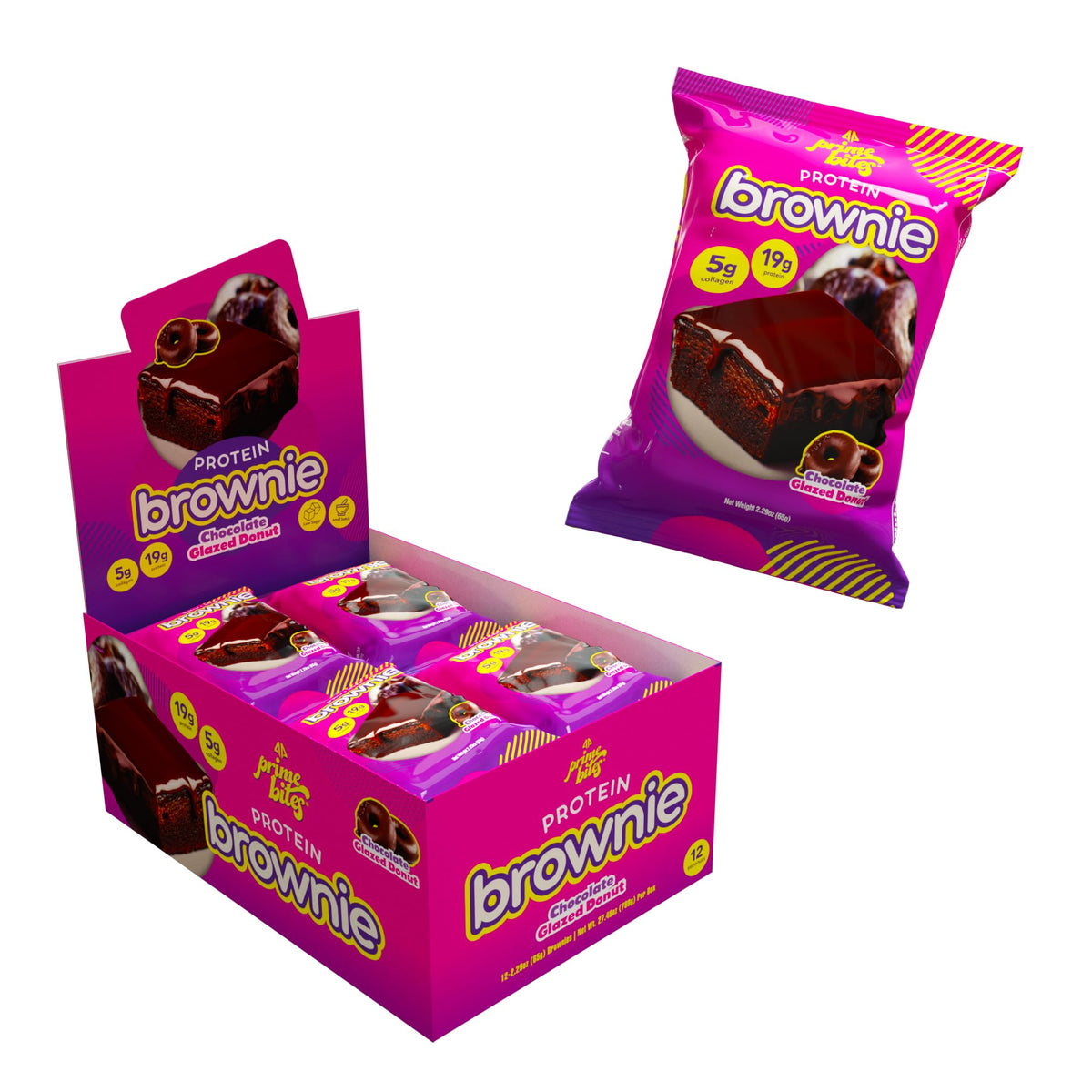 Alpha Prime Prime Bites Brownie in Chocolate Glazed Donut flavor; high-protein snack for on-the-go athletes.
