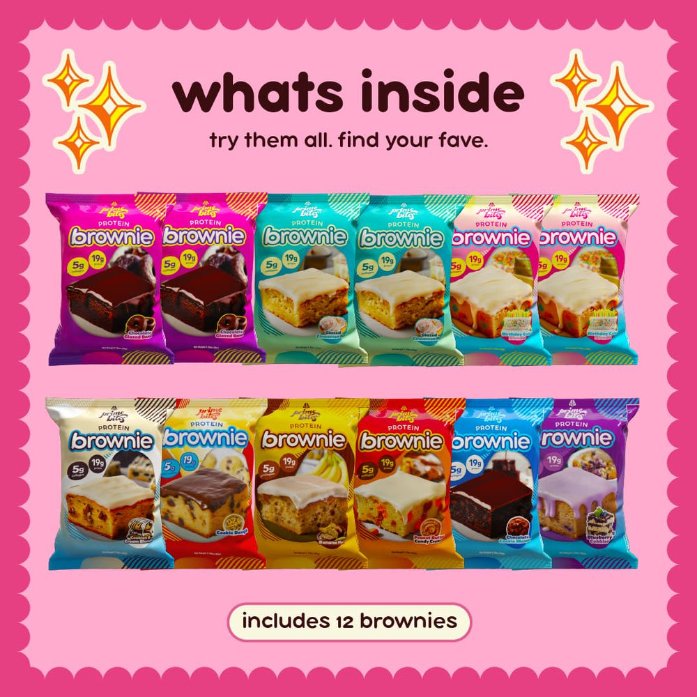 Alpha Prime Prime Bites Brownie flavors display diverse options for variety lovers.