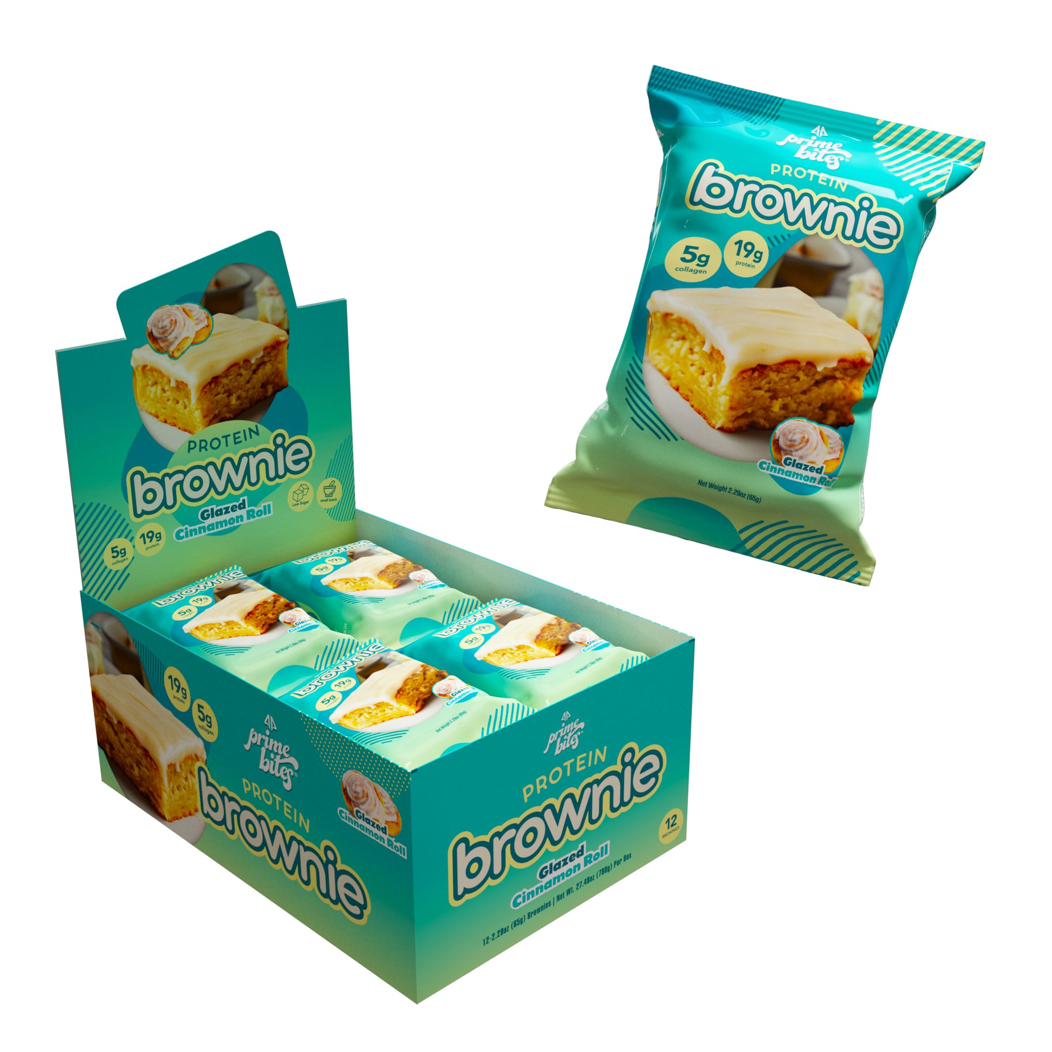 Alpha Prime Prime Bites Brownie glazed cinnamon roll packaging for on-the-go high-protein snack.