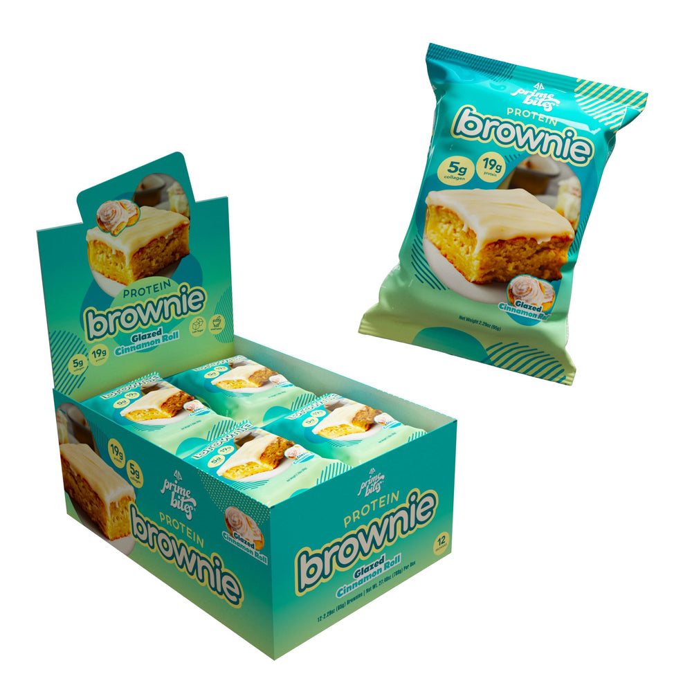 Alpha Prime Prime Bites Brownie glazed cinnamon roll packaging for on-the-go high-protein snack.