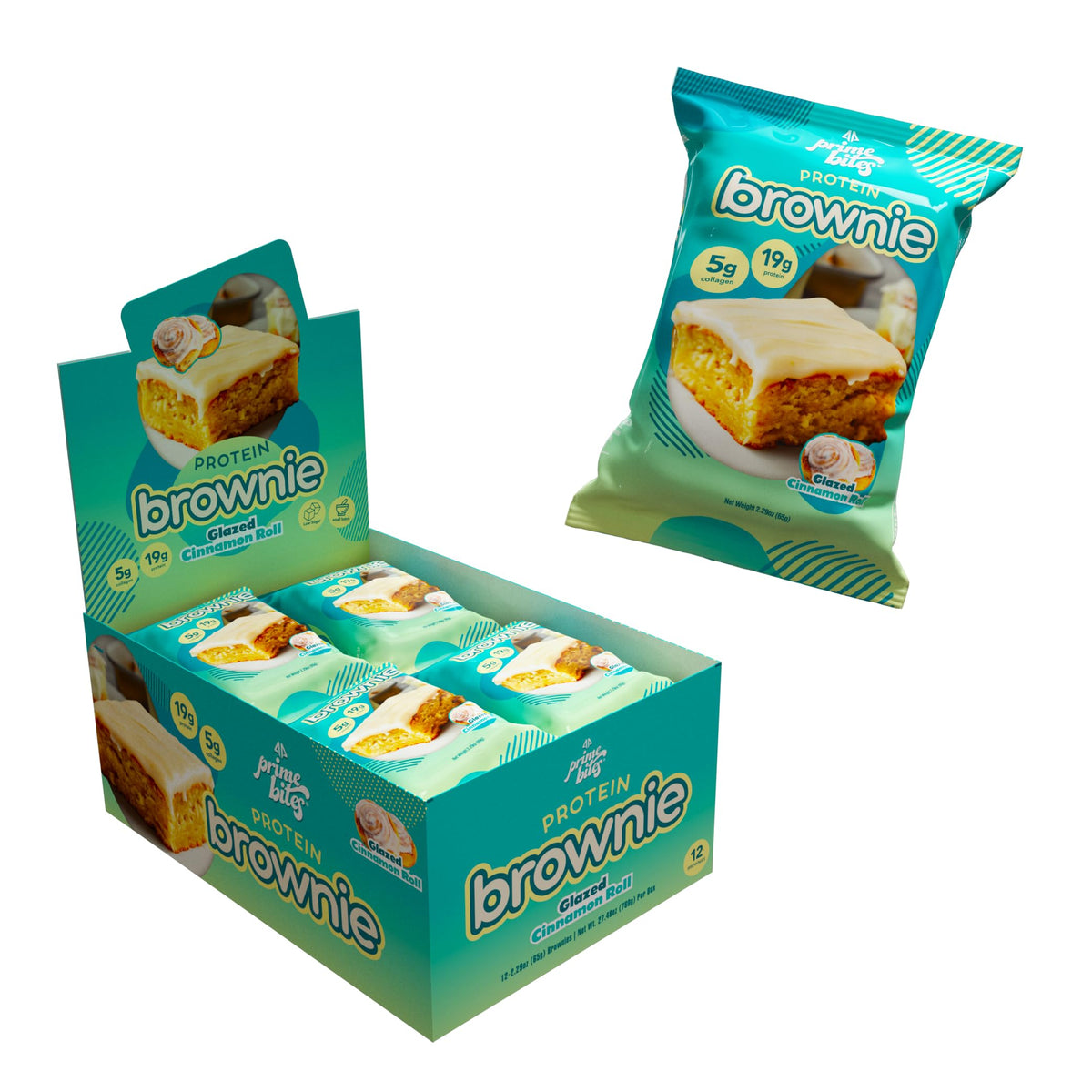 Alpha Prime Prime Bites Brownie glazed cinnamon roll packaging for on-the-go high-protein snack.