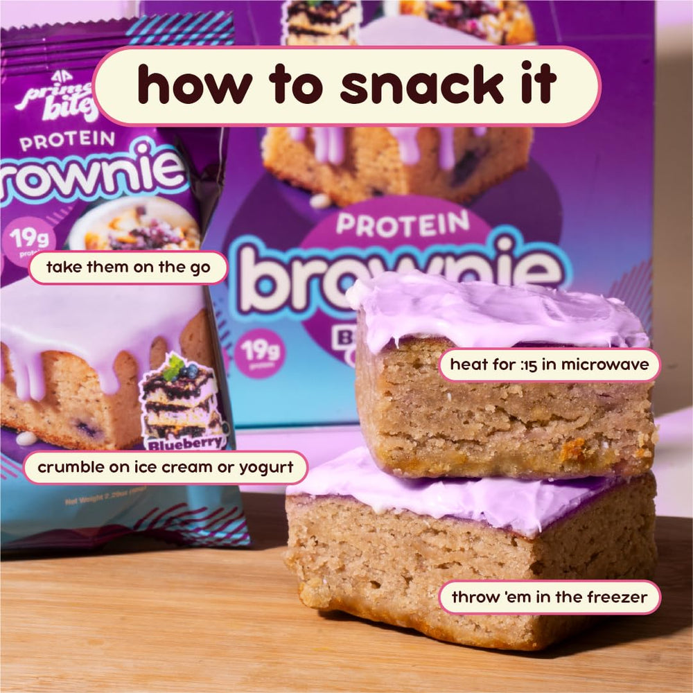 Alpha Prime Prime Bites Brownie packaging shows protein and low sugar content