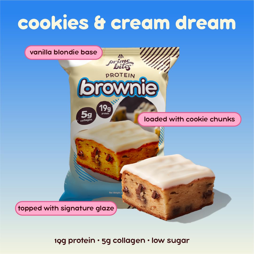 Nutrition panel on Alpha Prime Prime Bites Brownie shows 19g protein and 5g collagen.