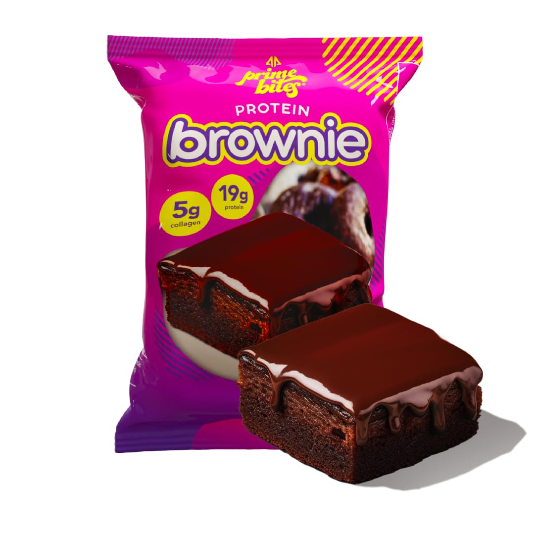Alpha Prime Prime Bites Brownie on white background; whey-based protein with collagen for flavorful support.