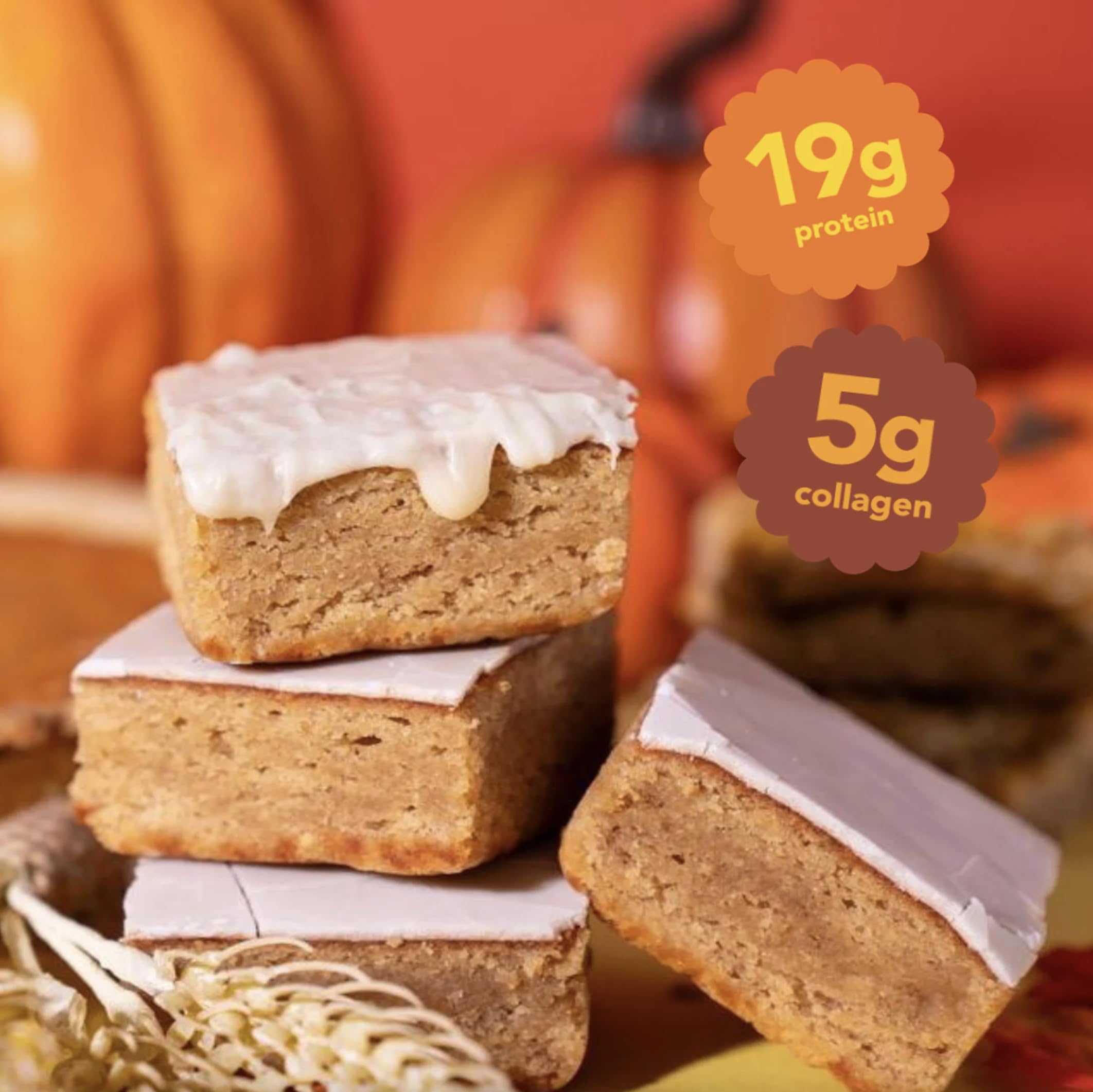 Nutrition facts card for Prime Bites Brownie, 19g protein and 5g collagen per serving.