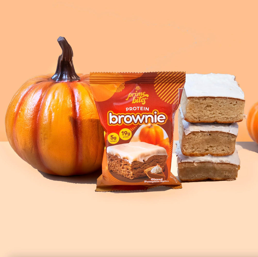 Prime Bites Brownie serving suggestion with coffee, quick post-workout snack.