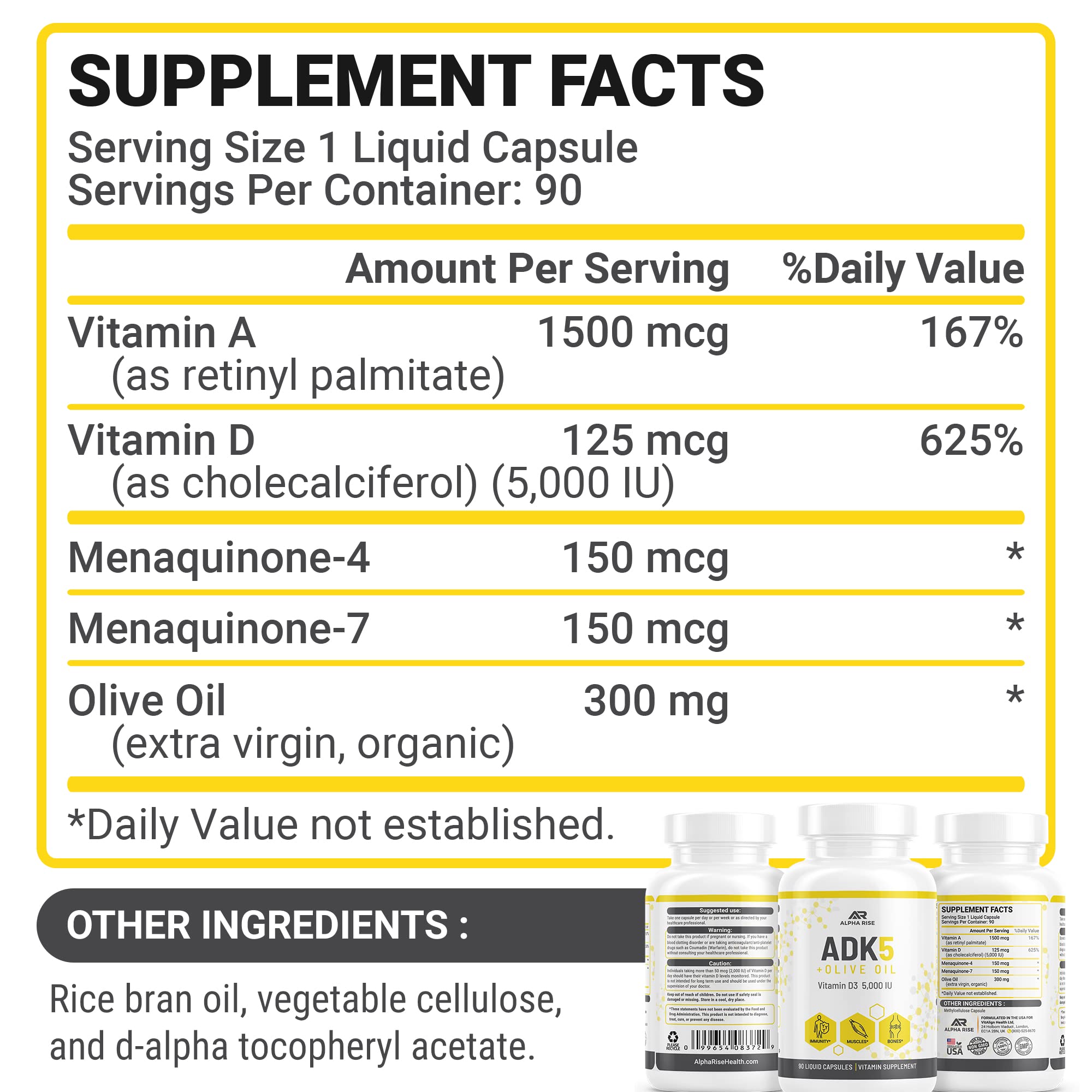 ALPHA RISE ADK product seal emphasizes NSF-certified facility quality.