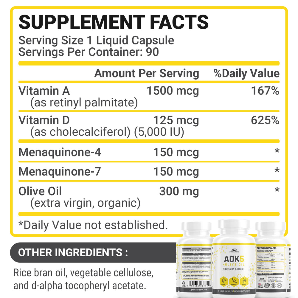 ALPHA RISE ADK product seal emphasizes NSF-certified facility quality.