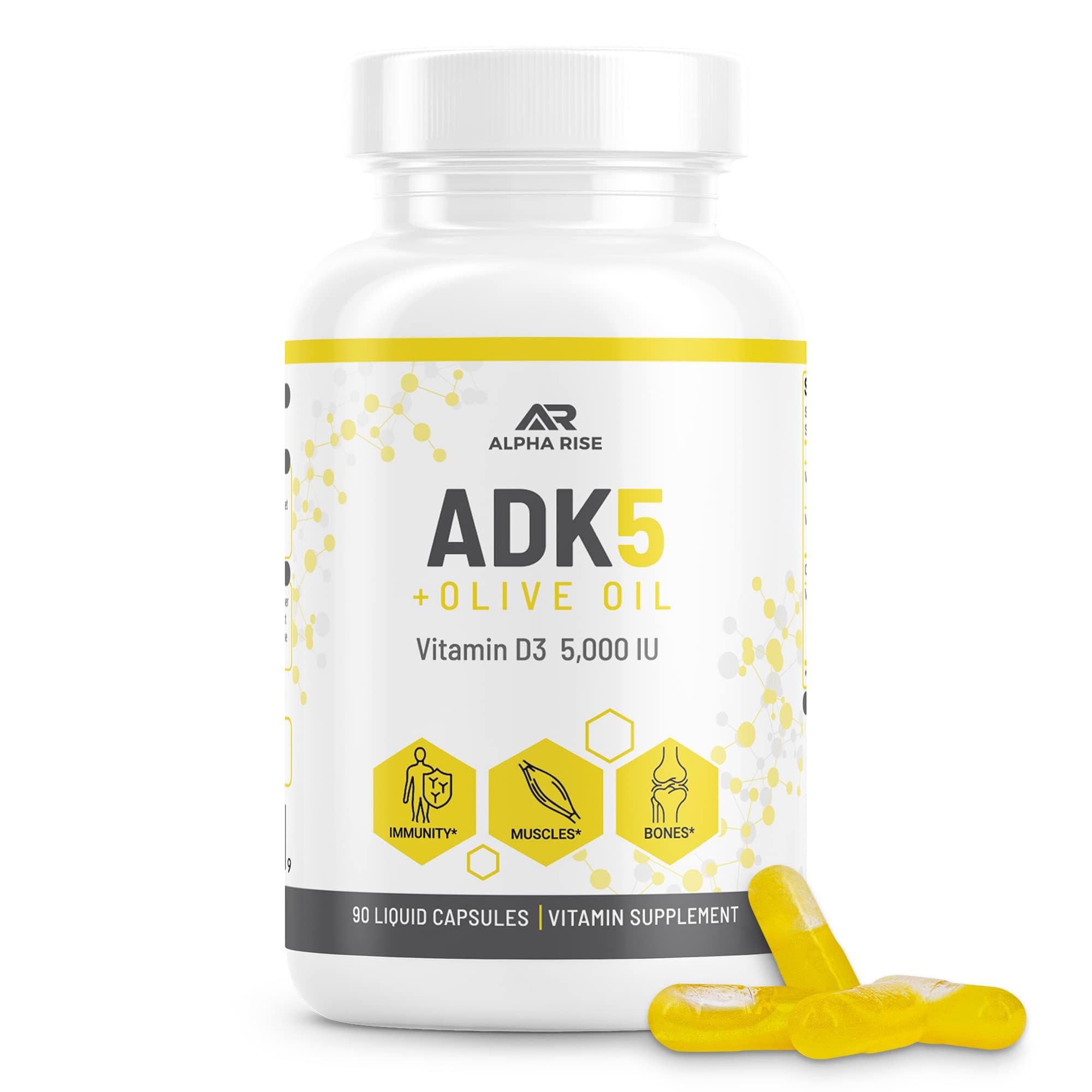 ALPHA RISE ADK bottle with olive oil drizzle highlights absorption support.