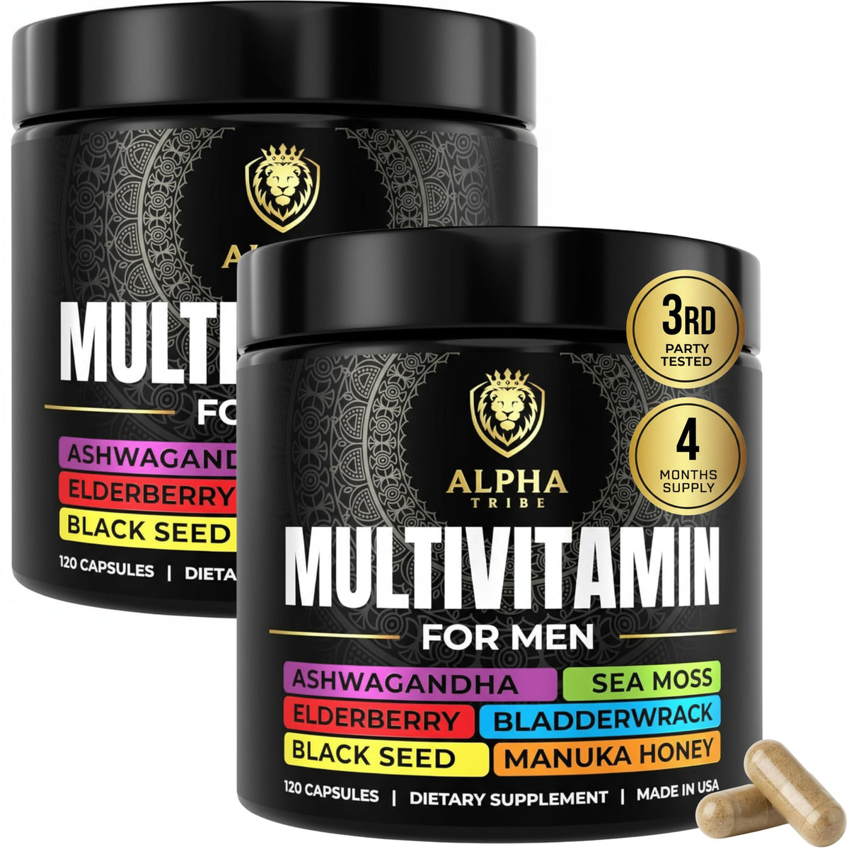 Alpha Tribe men's multivitamin bottle with sea moss for daily vitality.