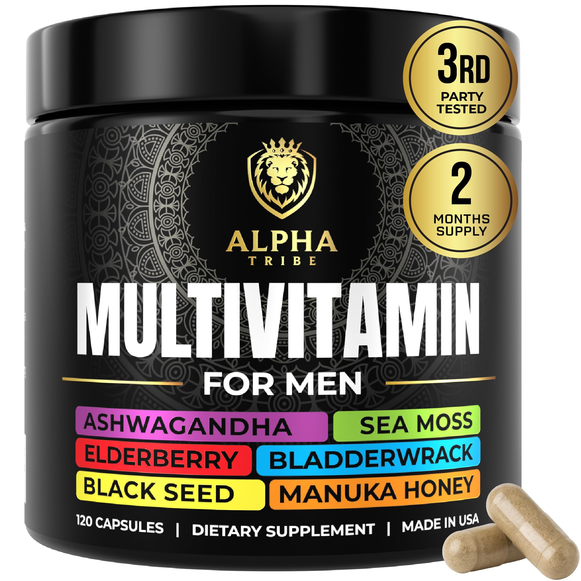Alpha Tribe men's multivitamin bottle front view highlighting daily wellness support.