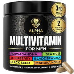 Alpha Tribe men's multivitamin bottle front view highlighting daily wellness support.
