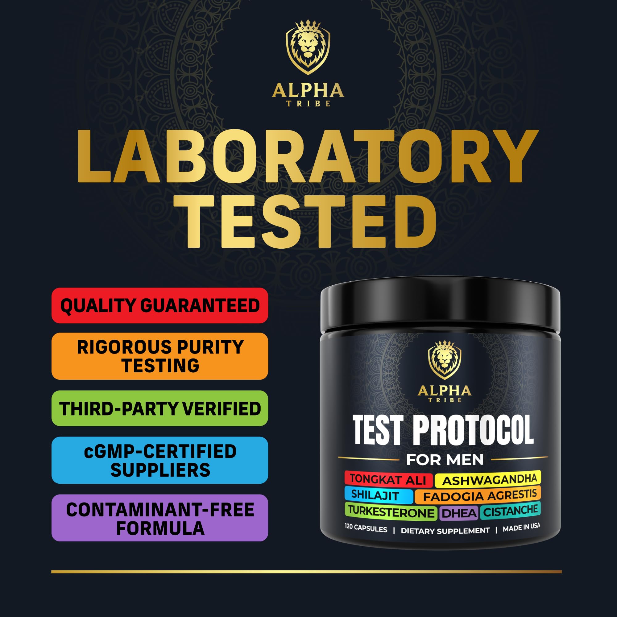 Alpha Tribe Test Protocol ingredients image highlights Ashwagandha and Tongkat Ali.