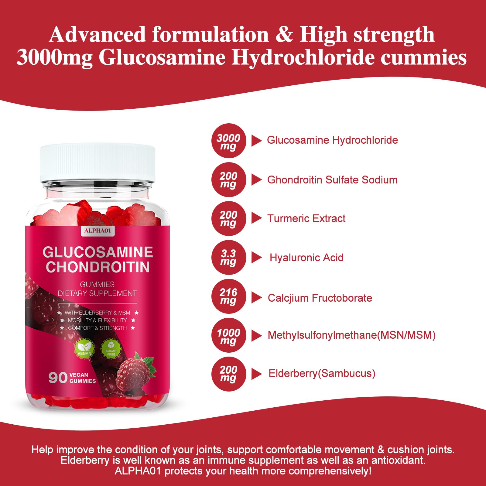 ALPHA01 gummies closeup highlighting chewy texture and berry flavor.