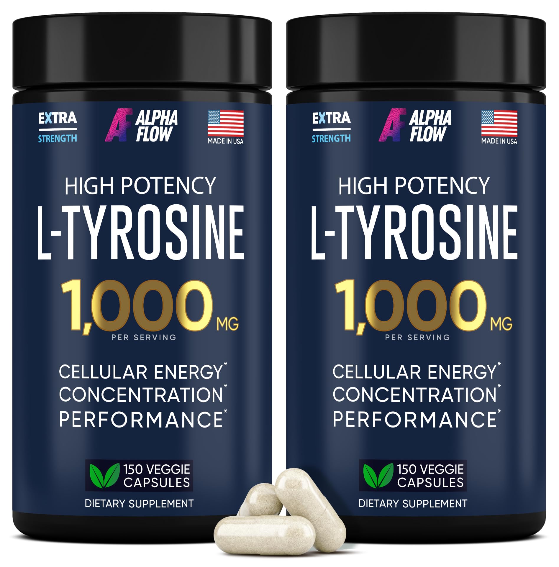 Alpha Flow L-Tyrosine 1000mg bottle front promotes focus and energy naturally.