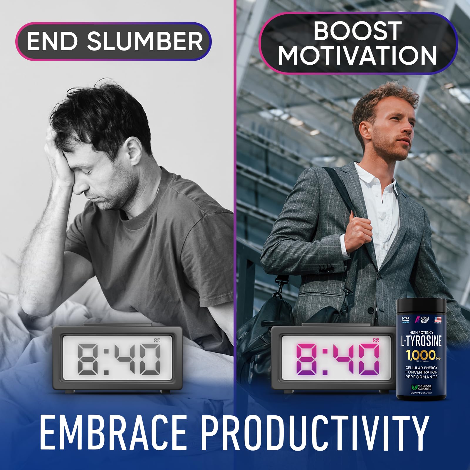 Alpha Flow L-Tyrosine capsules closeup shows 1000mg dose per capsule.