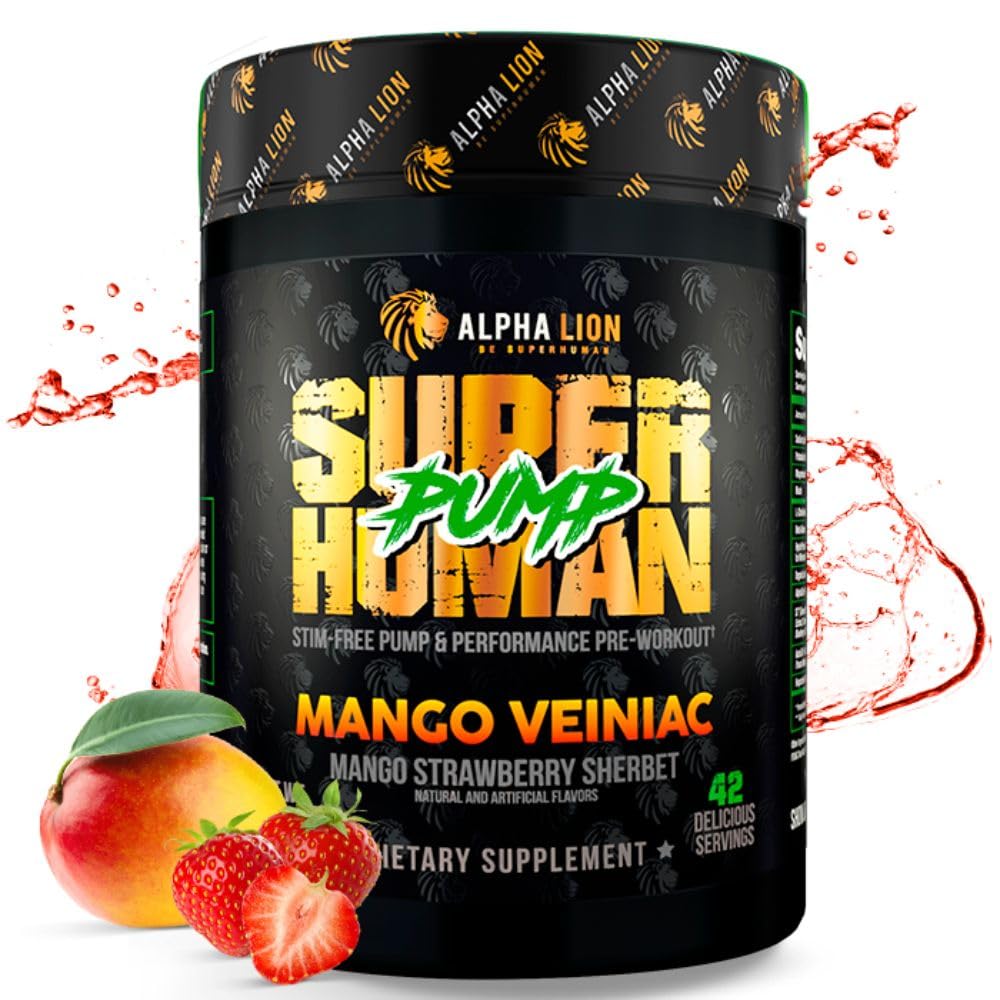 ALPHA LION Superhuman Pump bottle front showing Mango Veiniac flavor for gym-ready energy.