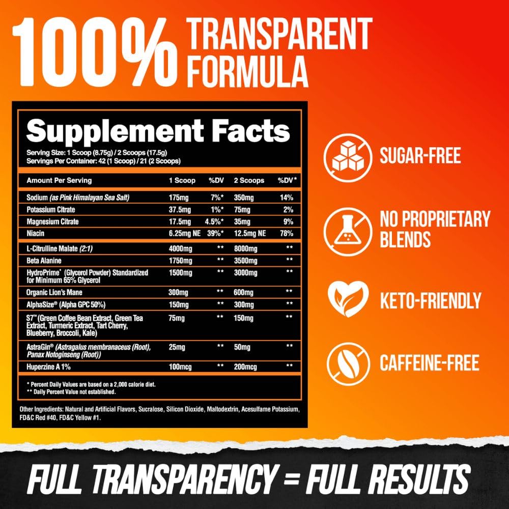ALPHA LION stimulant-free formula icon beside bottle highlighting caffeine-free versatility.