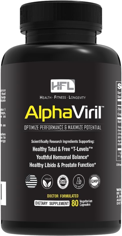 AlphaViril bottle showcasing testosterone support ingredients for daily vitality.