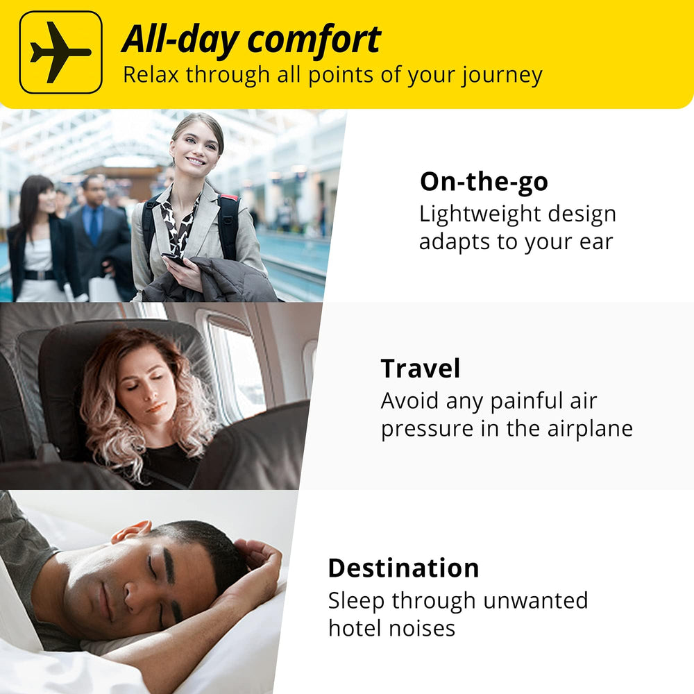 Alpine FlyFit placed on an airplane seat illustrating travel use
