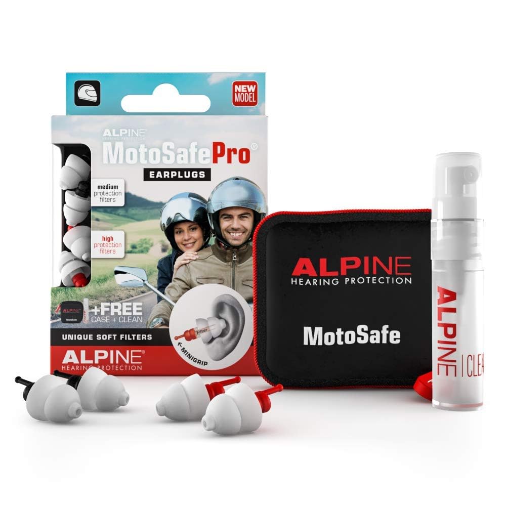 Alpine MotoSafe Pro packaging showing two pairs for versatile wind noise protection.