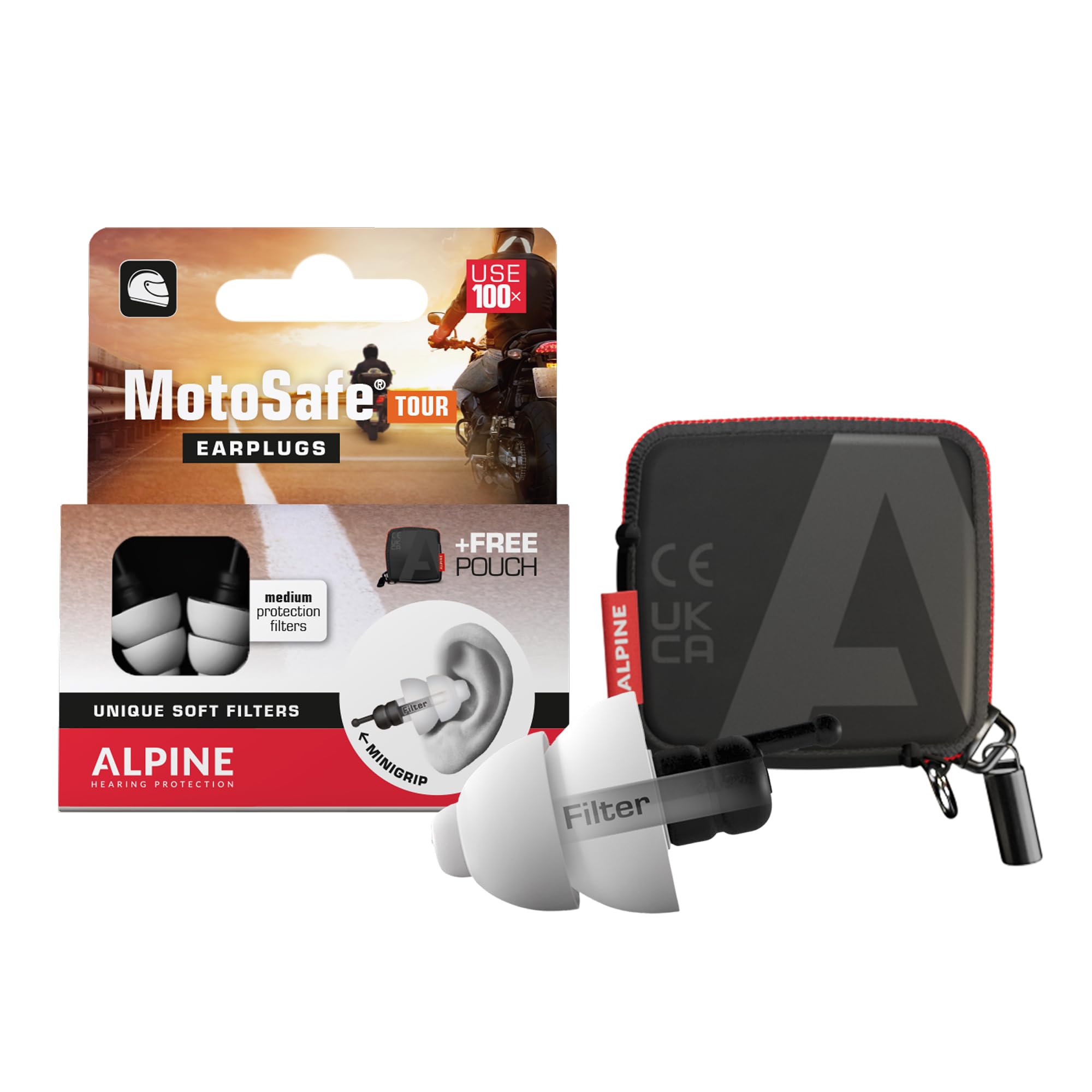 Alpine MotoSafe Tour ear plugs pack shown for prolonged ride comfort and noise control