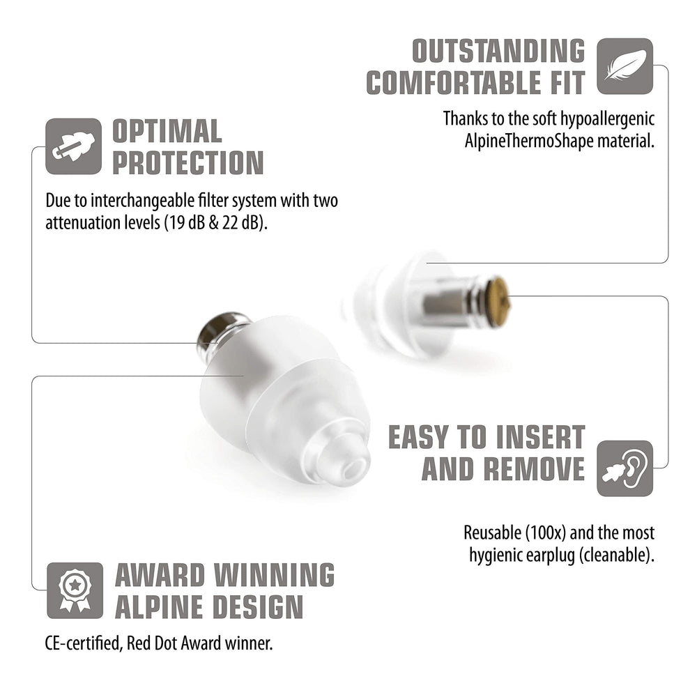 Alpine MusicSafe Pro interchangeable filters 19dB provide tailored sound attenuation for performers.