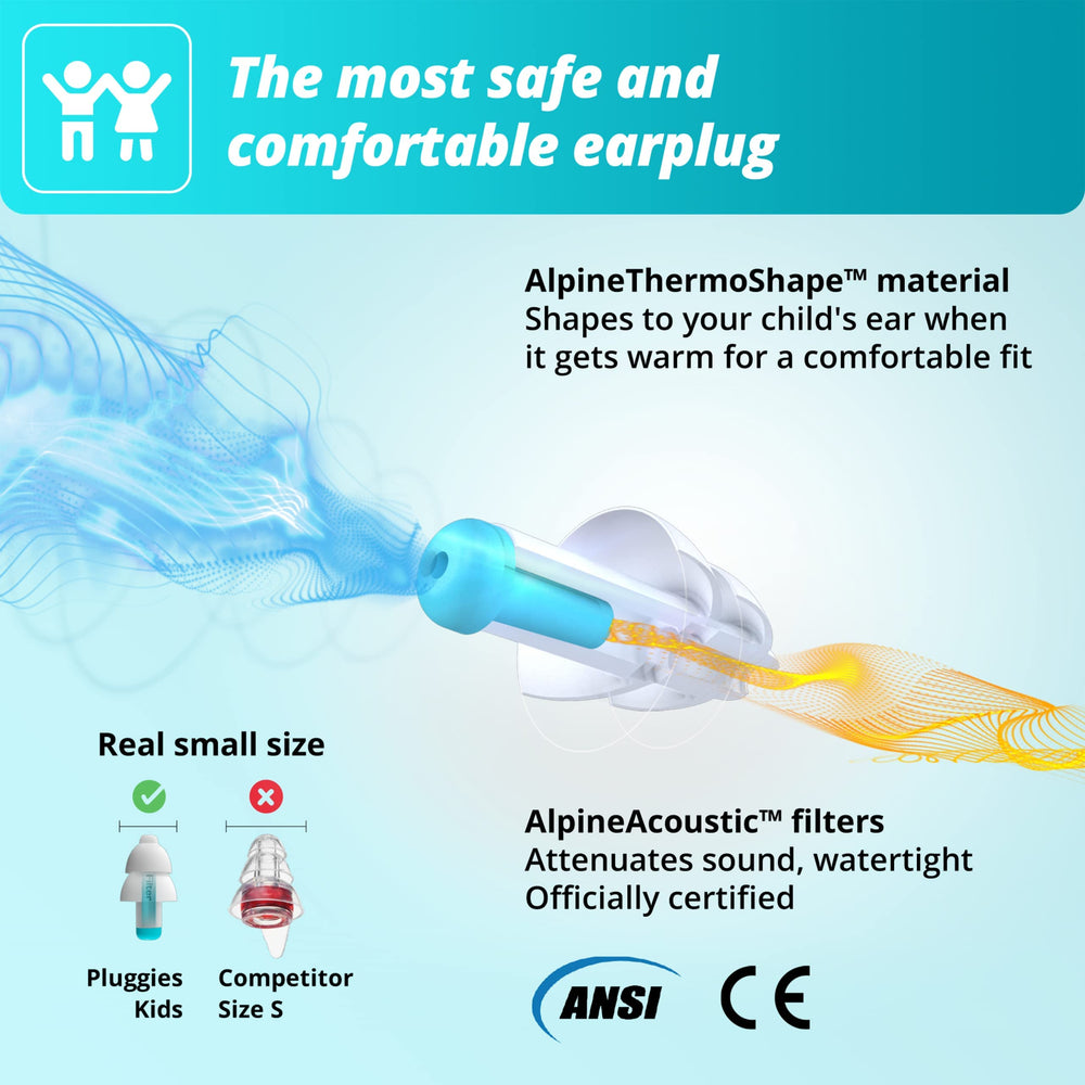 Alpine Pluggies Kids ear plugs for swimming, helping ears stay comfortable.