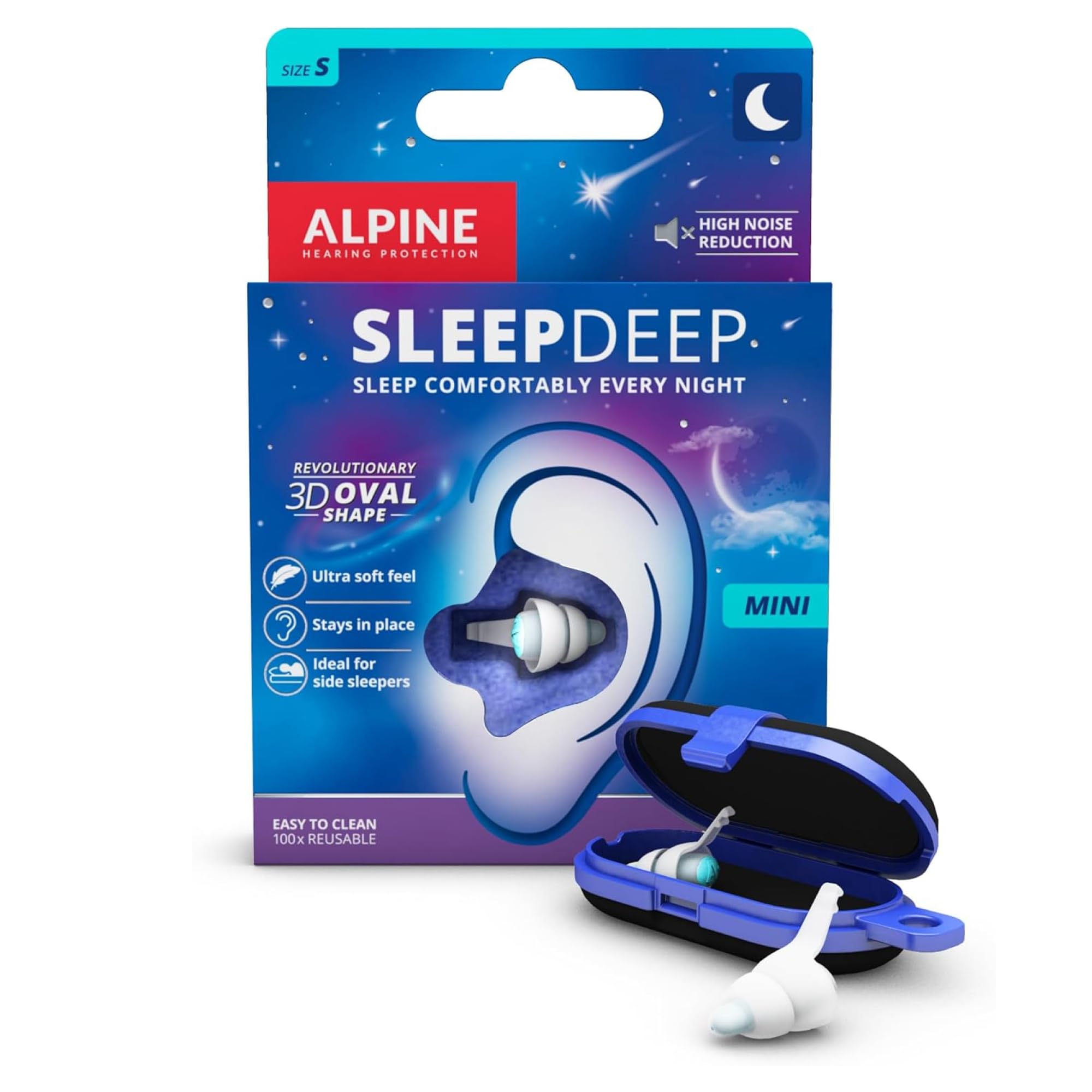 Alpine SleepDeep Mini oval shape earplugs for a snug, comfortable fit.