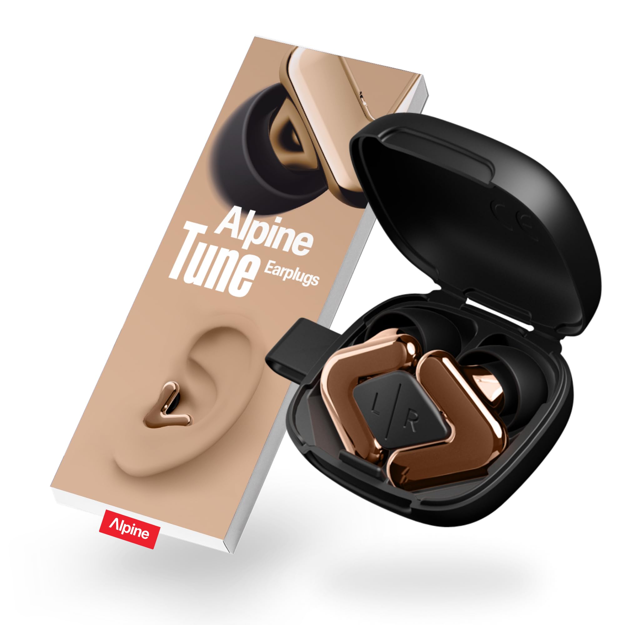 Alpine Tune Earplugs rose-gold close-up showing four tip sizes for a comfortable concert fit.