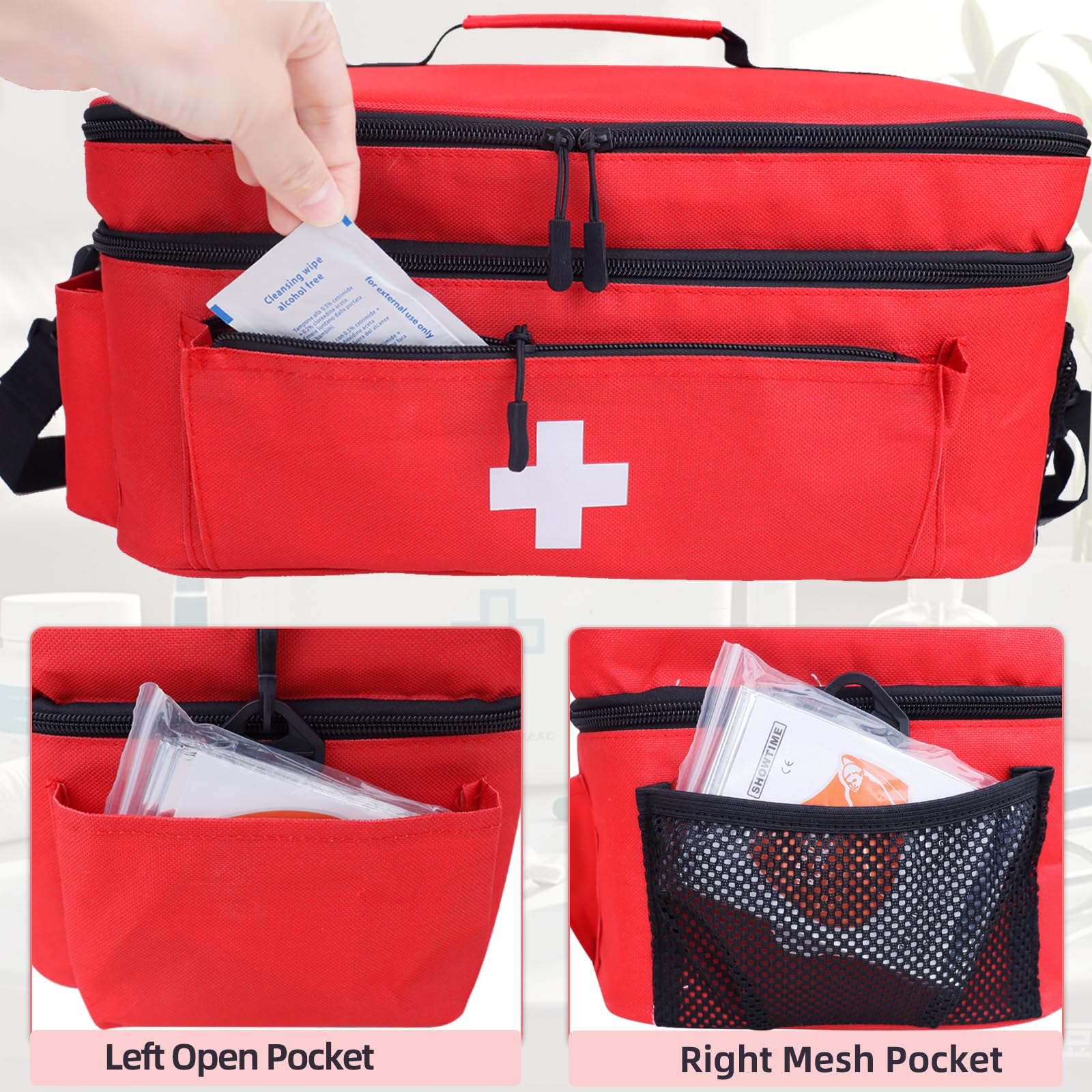ALSLEA first aid bag removable shoulder strap for hands-free transport.