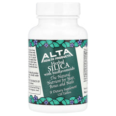 Alta Health Silica with Bioflavonoids tablets bottle label emphasizes packaging and potential hair and nail support