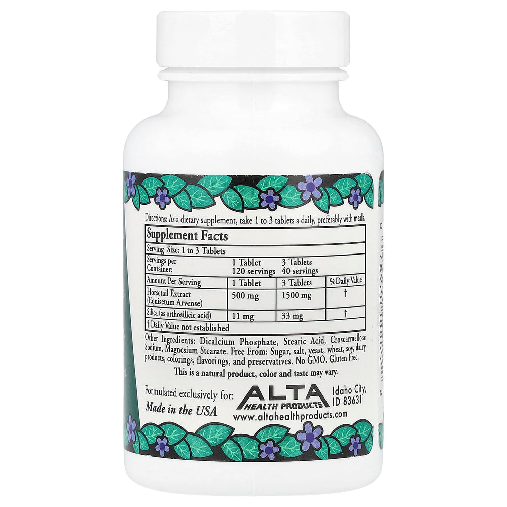 Alta Health Silica with Bioflavonoids tablets ingredients visual showcases horsetail extract and bioflavonoids for absorption