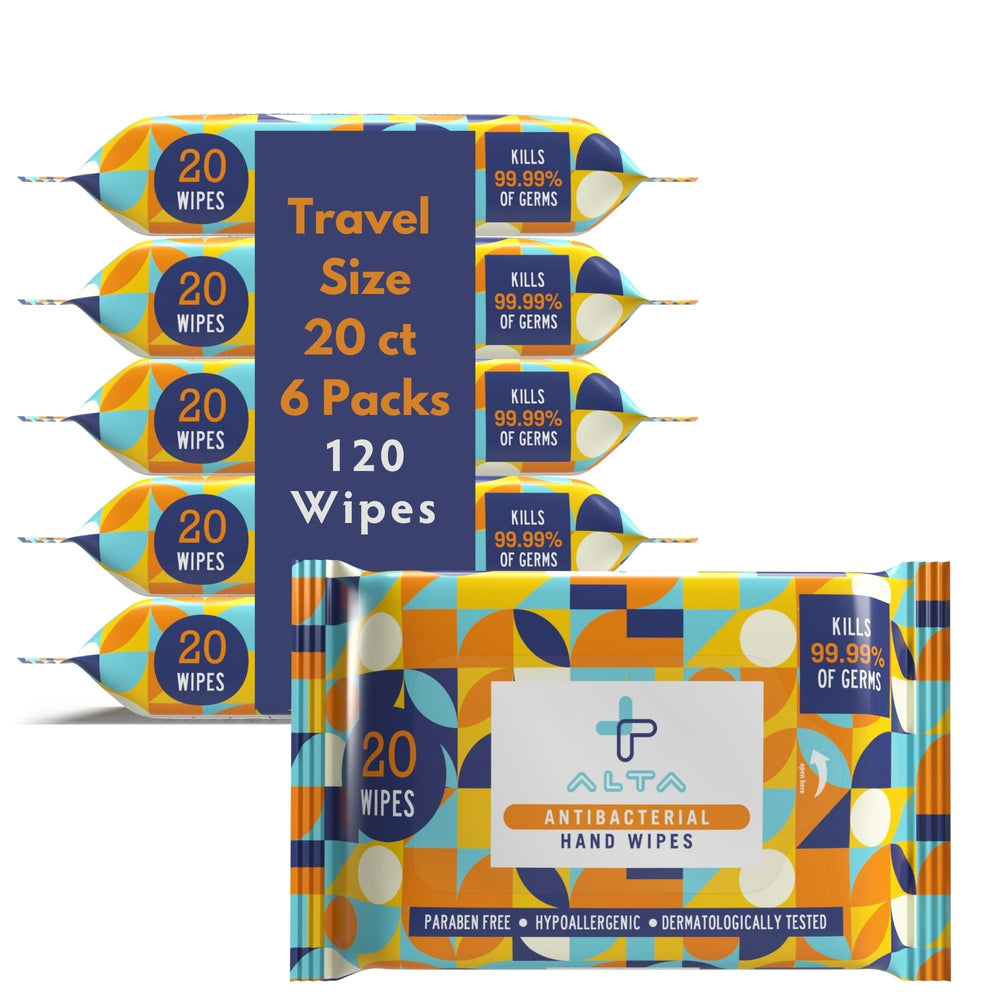 ALTA + Alcohol Free Hand Wipes travel-size, 120-count, convenient on-the-go use.