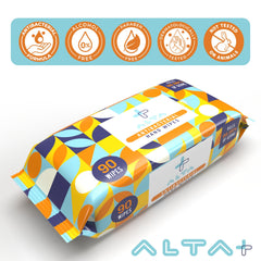 ALTA + Hand Sanitizer Wipes three-pack resealable packaging opened for access