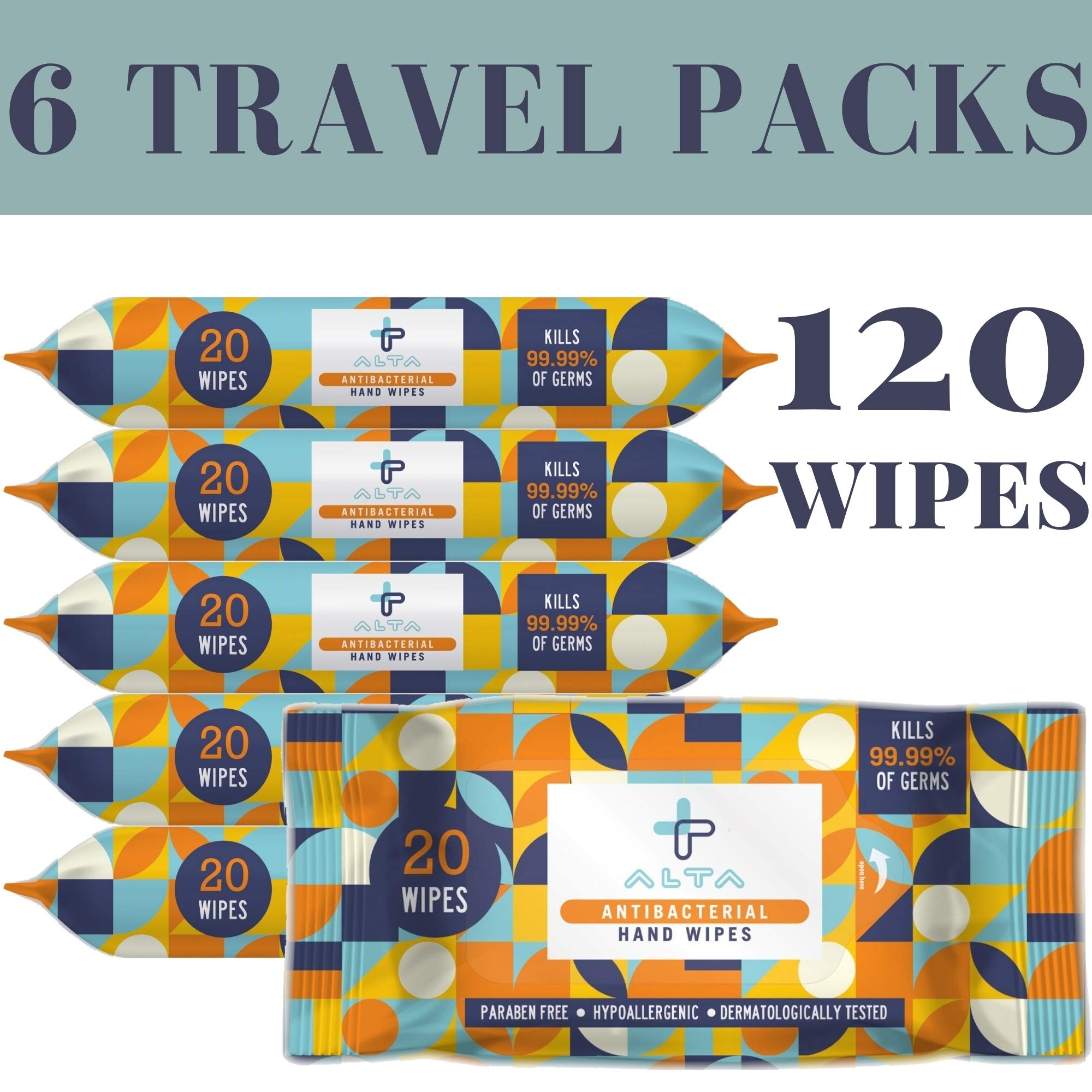 Six-pack ALTA + hand wipes display for portable daily cleansing.