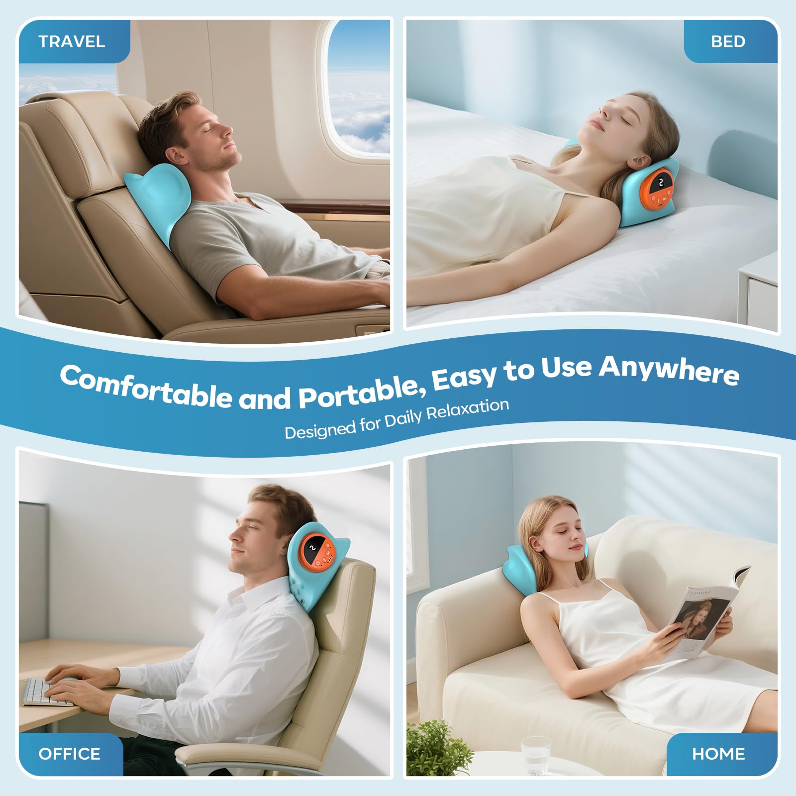 U-shaped pillow supports the neck for ergonomic comfort.