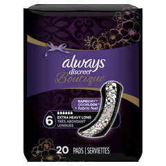 Always Discreet Boutique pads highlight liner technology for quick absorption and a dry feel.