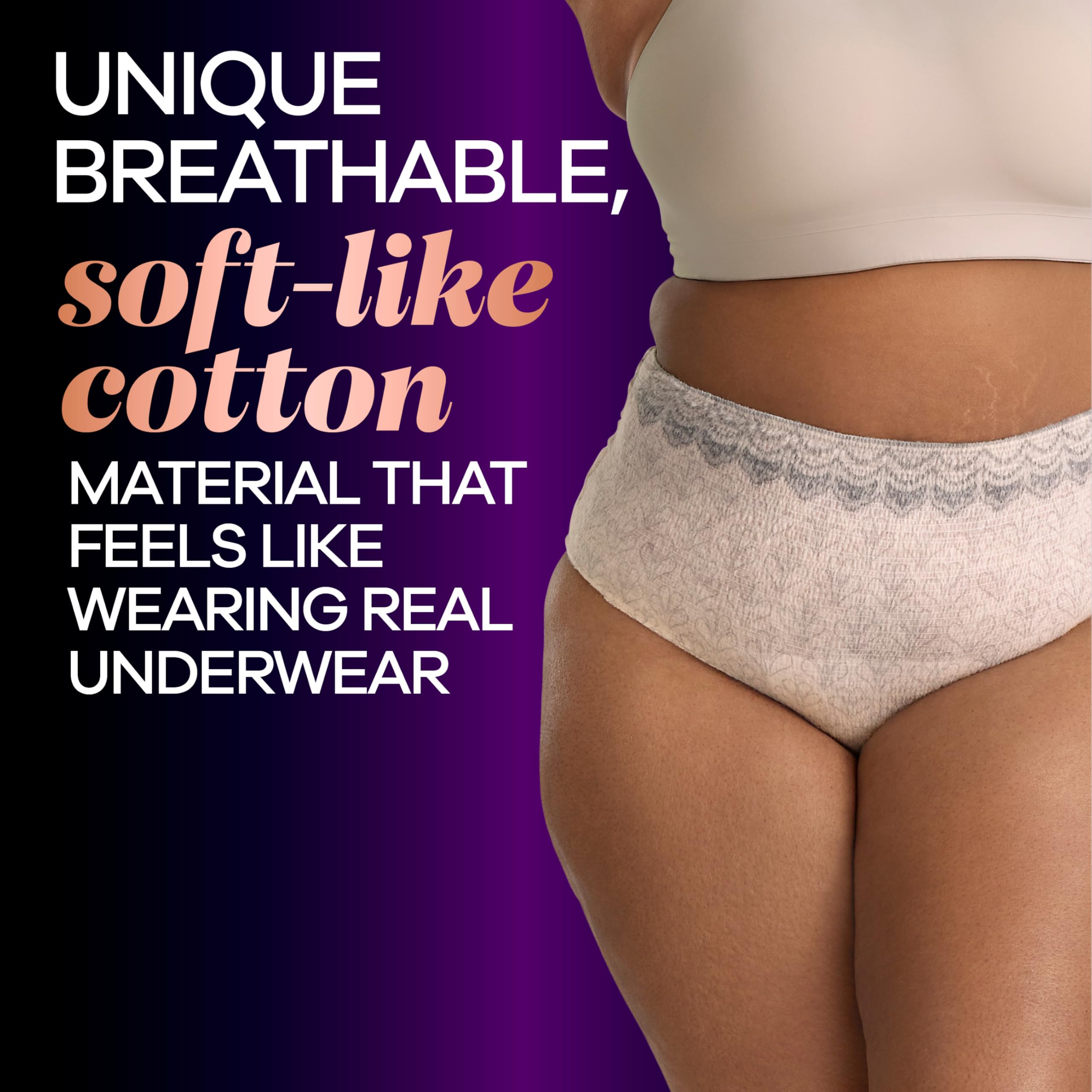 Always Discreet Boutique Rosy pull-on underwear offers flexible, comfortable fit.