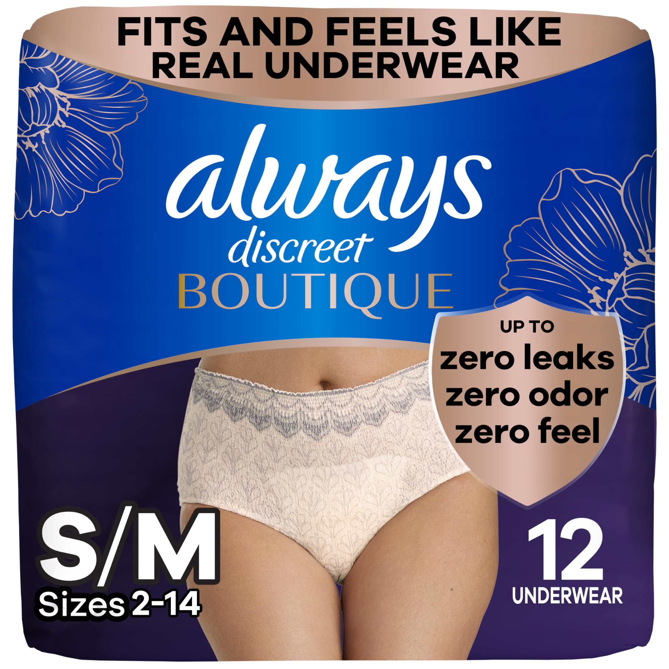 Always Discreet Boutique Rosy underwear with silky-soft fabric for comfortable daily wear.