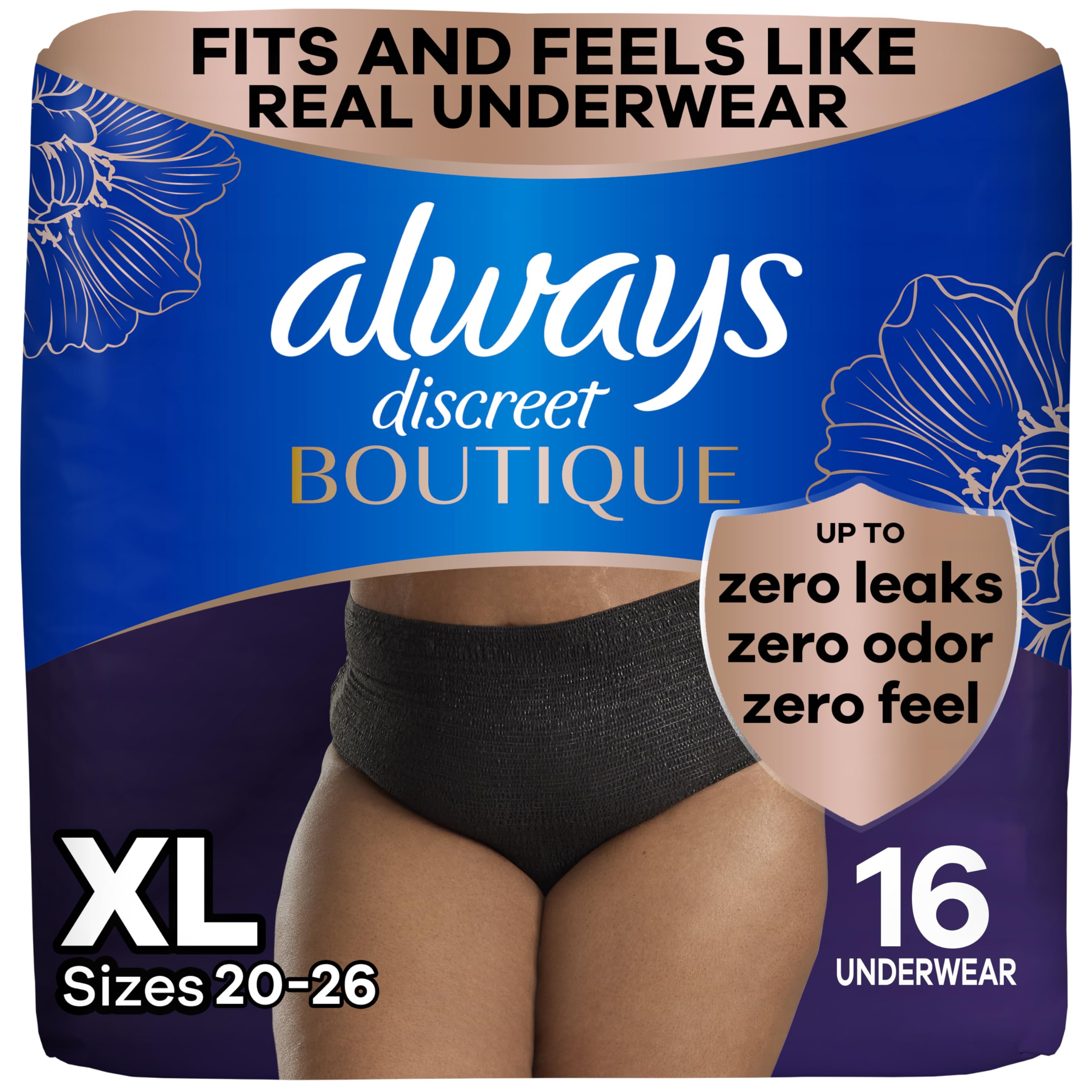 Always Discreet Boutique Black underwear pack offers discreet all-day protection.