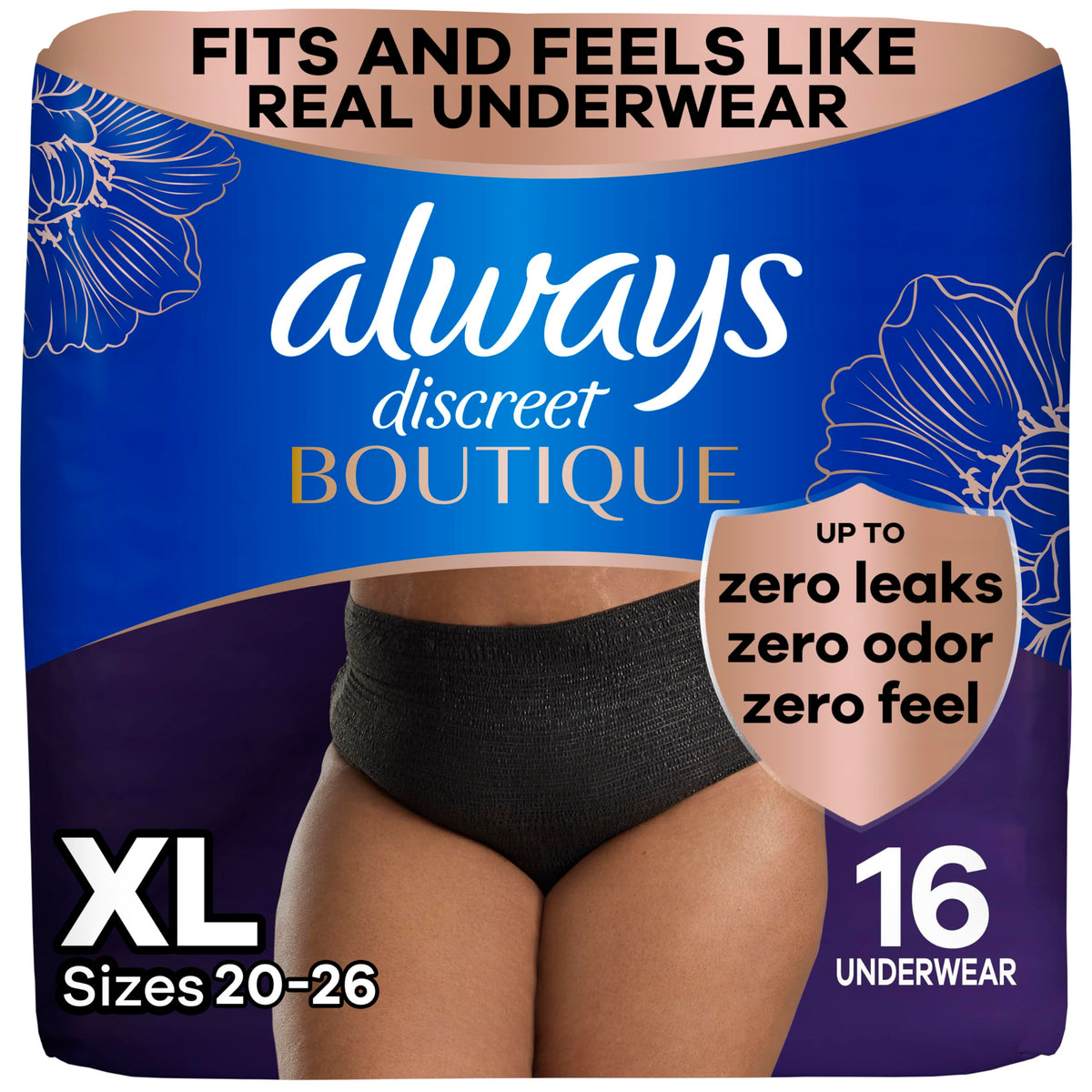 Always Discreet Boutique Black underwear pack offers discreet all-day protection.