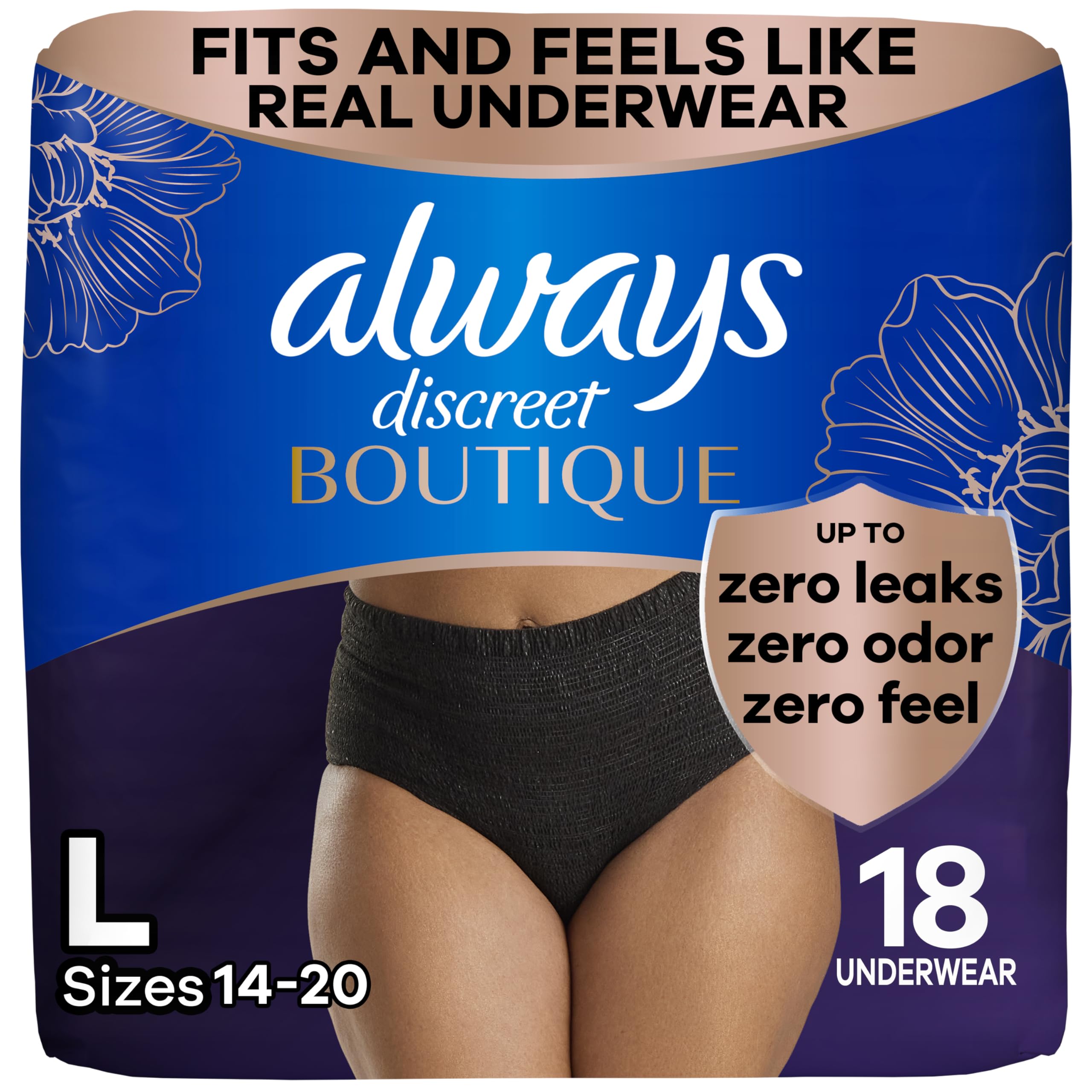 Always Discreet Boutique black pull-on underwear with sleek, discreet fit for daily confidence