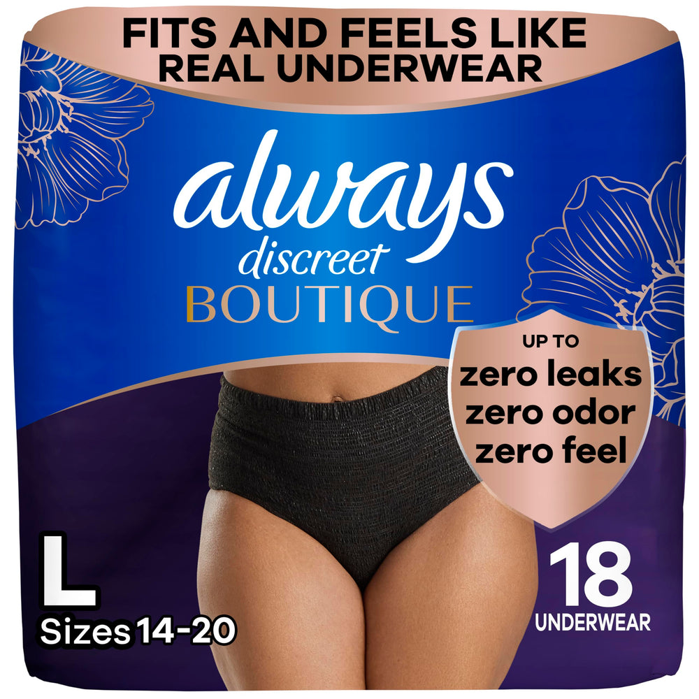 Always Discreet Boutique black pull-on underwear with sleek, discreet fit for daily confidence